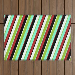 [ Thumbnail: Eyecatching Green, Aquamarine, Red, Black & Mint Cream Colored Stripes/Lines Pattern Outdoor Rug ]