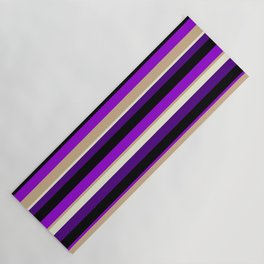 [ Thumbnail: Colorful Black, Dark Violet, Tan, Beige, and Indigo Colored Lined/Striped Pattern Yoga Mat ]