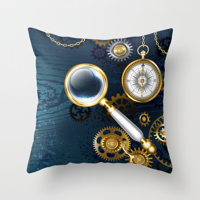 Steampunk blue background with magnifier Throw Pillow