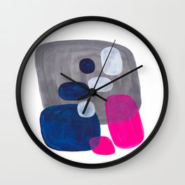 Mid Century Modern Minimalist Colorful Pop Art Grey Navy Blue Neon Pink Color Blobs Ovals Wall Clock