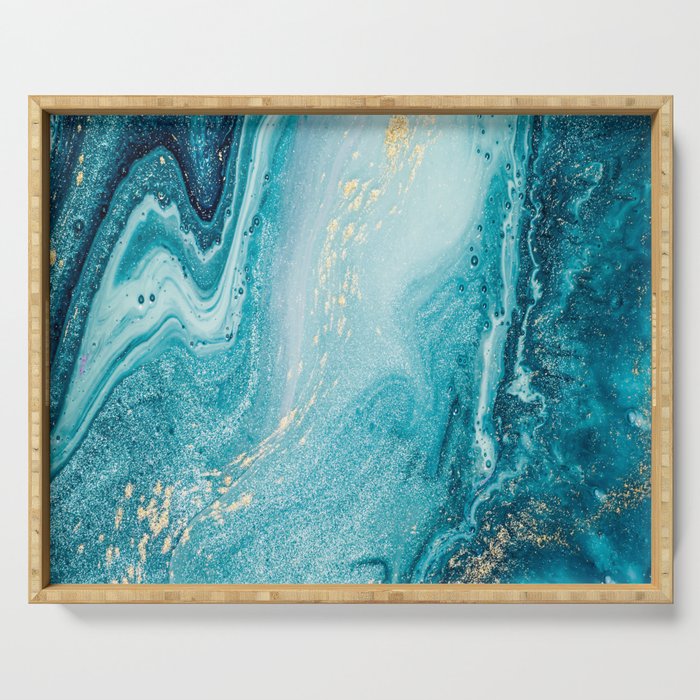 Azure, teal, aqua and gold marble texture Serving Tray