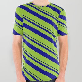 [ Thumbnail: Dark Blue & Green Colored Stripes Pattern All Over Graphic Tee ]