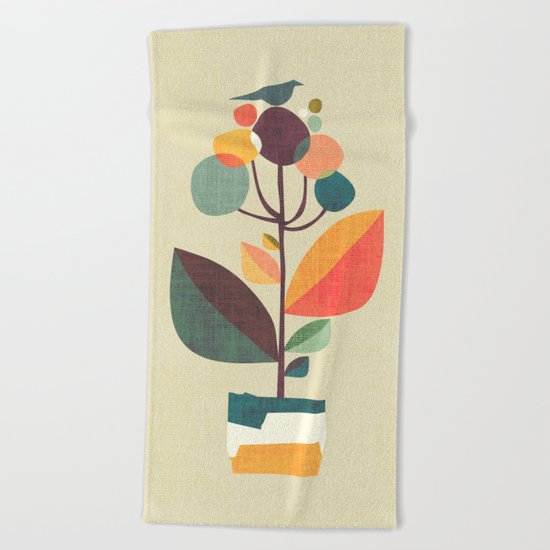 Potted plant with a bird Beach Towel