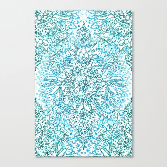 Turquoise Blue, Teal & White Protea Doodle Pattern Canvas Print