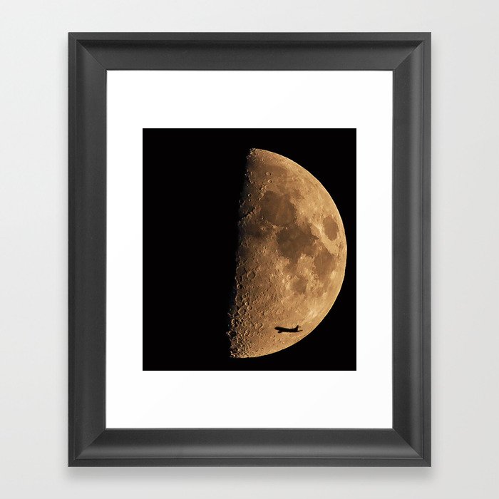 Fly Me To The Moon; airliner flying towards the moon black and white photograph - photography by H. Fischer Framed Art Print