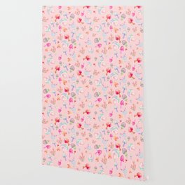 psychedelic magic mushrooms watercolor pattern on pastel pink Wallpaper