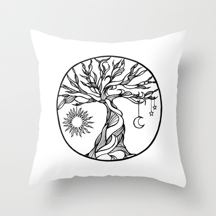 black and white tree of life with hanging sun, moon and stars I Throw Pillow
