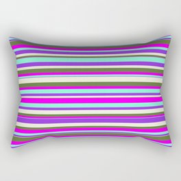 [ Thumbnail: Vibrant Aquamarine, Purple, Beige, Dark Olive Green & Fuchsia Colored Stripes Pattern Rectangular Pillow ]