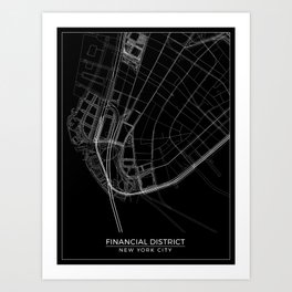 Financial District, New York City Map Art (Black) Art Print