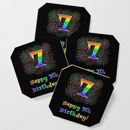 [ Thumbnail: 7th Birthday - Fun Rainbow Spectrum Gradient Pattern Text, Bursting Fireworks Inspired Background Coaster ]