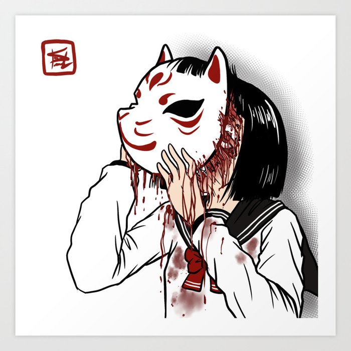 Behind the Mask - Kitsune Masked School Girl Art Print by Tirme