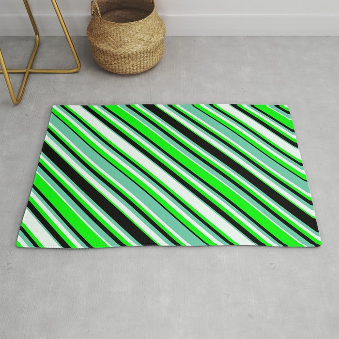 Aquamarine, Mint Cream, Lime, and Black Colored Pattern of Stripes Rug