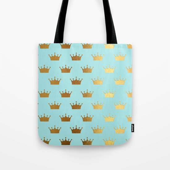 Gold Glitter effect crowns on aqua - Heraldy Pattern for Princesses on #Society6 Tote Bag