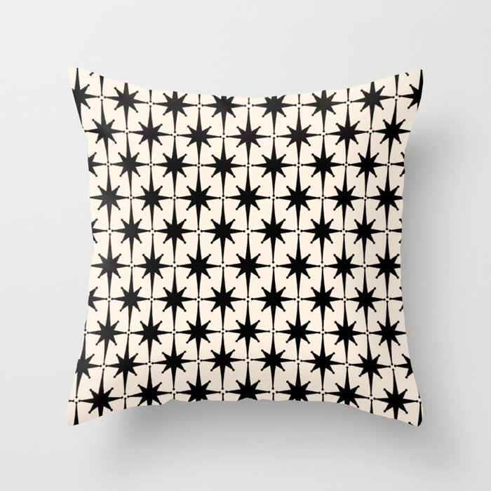 Midcentury Modern Atomic Age Starburst Pattern in Black and Almond Cream Throw Pillow