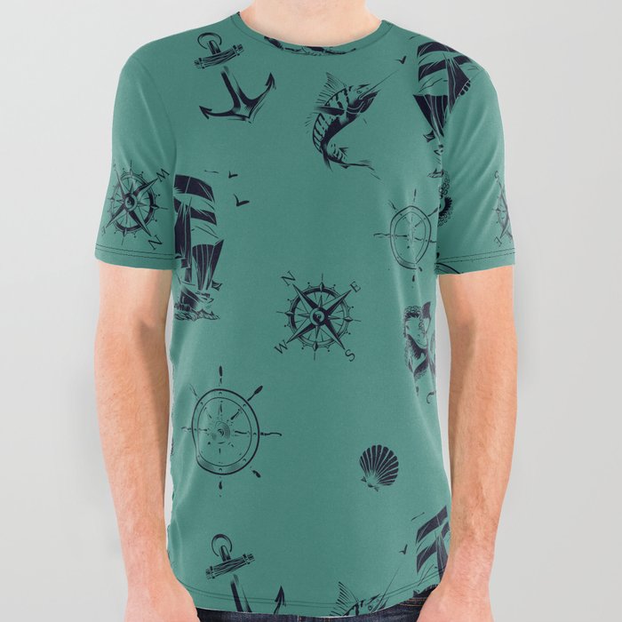Green Blue And Blue Silhouettes Of Vintage Nautical Pattern All Over Graphic Tee