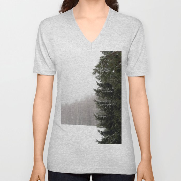 Pine Tree in Winter Landscape Finland V Neck T Shirt