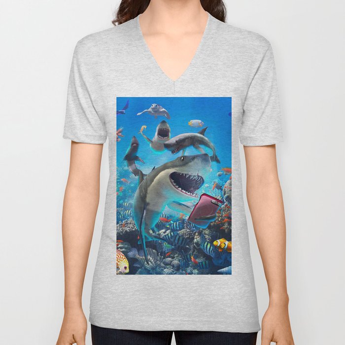 Shark Selfie V Neck T Shirt