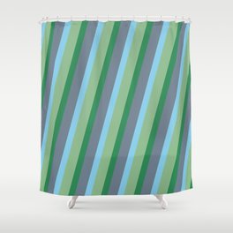 [ Thumbnail: Dark Sea Green, Sea Green, Slate Gray & Sky Blue Colored Striped Pattern Shower Curtain ]