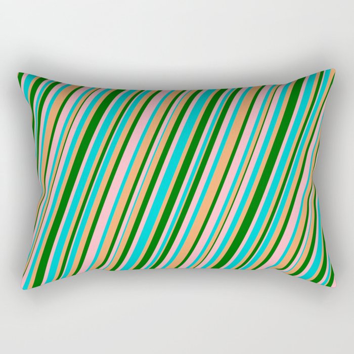 Light Pink, Dark Turquoise, Brown & Dark Green Colored Lines Pattern Rectangular Pillow