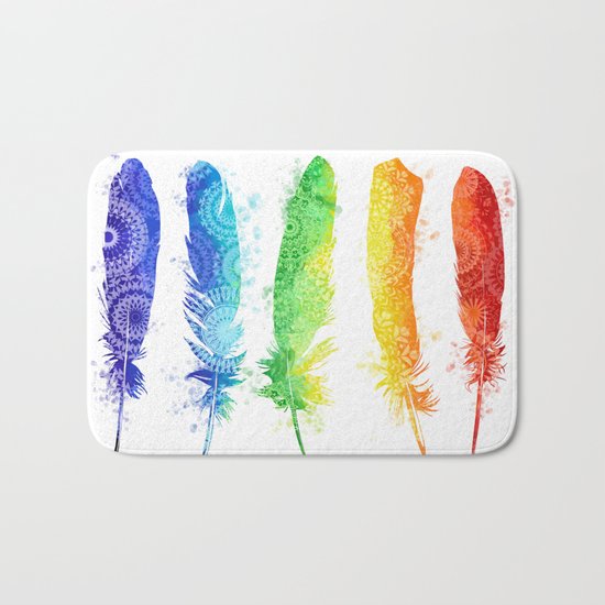 rainbow mandala feathers Bath Mat