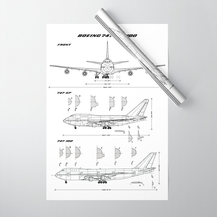 Boeing 747 Family Blueprint in High Resolution (dark blue) Wrapping Paper  by Ryan S. Horowitz