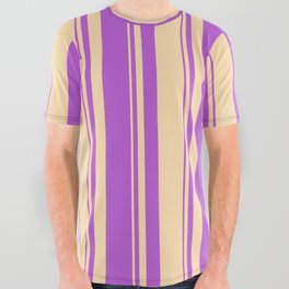 [ Thumbnail: Tan & Orchid Colored Stripes Pattern All Over Graphic Tee ]