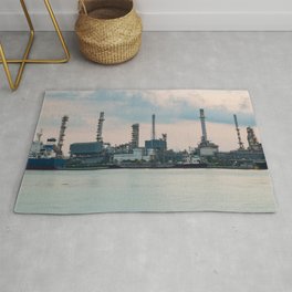 Oil refinery riverfront, vintage tone during sunrise Area & Throw Rug