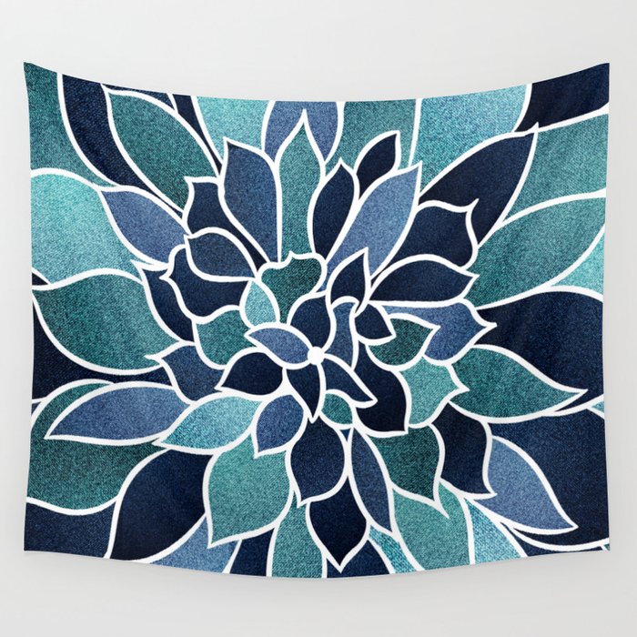 Festive, Flower Bloom, Navy Blue and Teal Wall Tapestry
