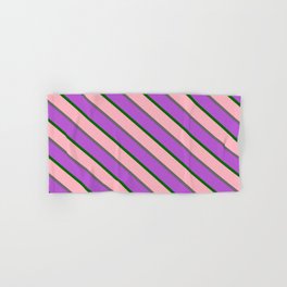 [ Thumbnail: Light Pink, Dim Grey, Orchid, and Dark Green Colored Stripes Pattern Hand & Bath Towel ]