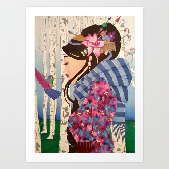 Geisha with hummingbird Art Print