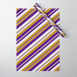 [ Thumbnail: Dark Goldenrod, Indigo, and Lavender Colored Lined Pattern Wrapping Paper ]