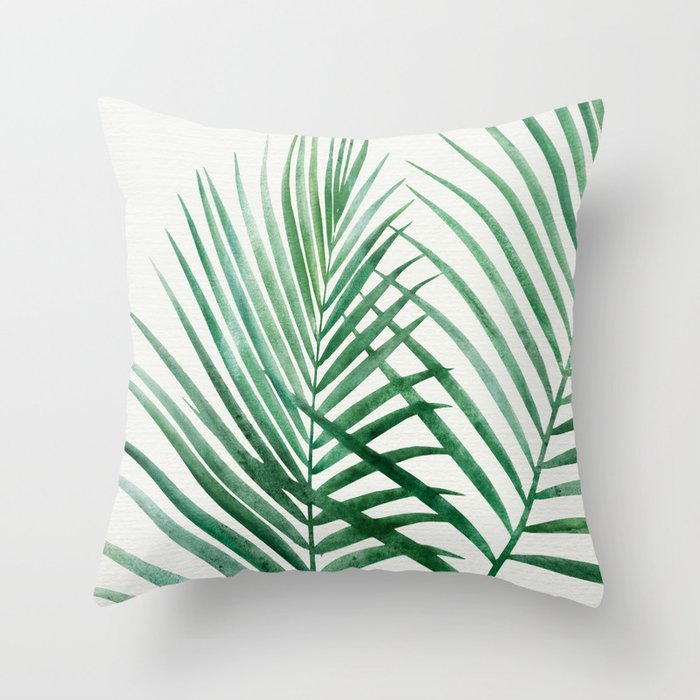Emerald Green Palm Frond Watercolor Throw Pillow