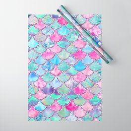 Colorful Pink and Blue Watercolor Trendy Glitter Mermaid Scales  Wrapping Paper