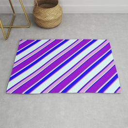 [ Thumbnail: Dark Violet, Plum, Light Cyan & Blue Colored Lined/Striped Pattern Rug ]