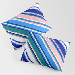 [ Thumbnail: Colorful Blue, Dark Blue, Teal, Light Pink, and White Colored Lines Pattern Pillow Sham ]