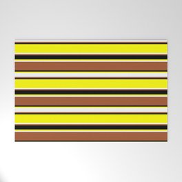 [ Thumbnail: Yellow, White, Sienna & Black Colored Stripes/Lines Pattern Welcome Mat ]