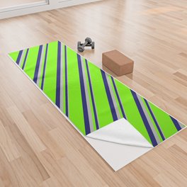 [ Thumbnail: Grey, Midnight Blue, and Green Colored Lined/Striped Pattern Yoga Towel ]