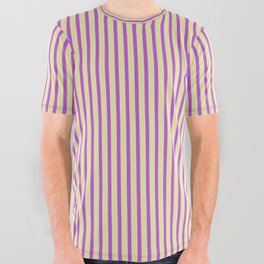 [ Thumbnail: Orchid and Pale Goldenrod Colored Lined Pattern All Over Graphic Tee ]