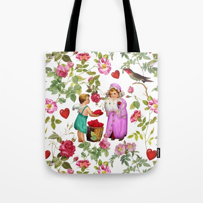 Cupid Dealing Red Hearts in The Rose Garden - Colorful Illustration for Valentine's Day   Tote Bag