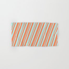 [ Thumbnail: Coral & Turquoise Colored Lined Pattern Hand & Bath Towel ]