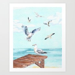 Seaguls in the pier Art Print