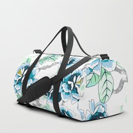 Spring Flowers Pattern Blue Soft Green on White Duffle Bag