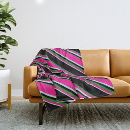 [ Thumbnail: Black, Forest Green, Deep Pink & Turquoise Colored Lined Pattern Throw Blanket ]