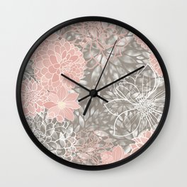 Festive, Floral Pattern Dahlias, Pink, Gray, White Wall Clock