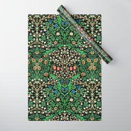 William Morris Jacobean Floral, Black Background Wrapping Paper