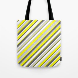 [ Thumbnail: Yellow, Dim Gray, White & Light Grey Colored Stripes Pattern Tote Bag ]