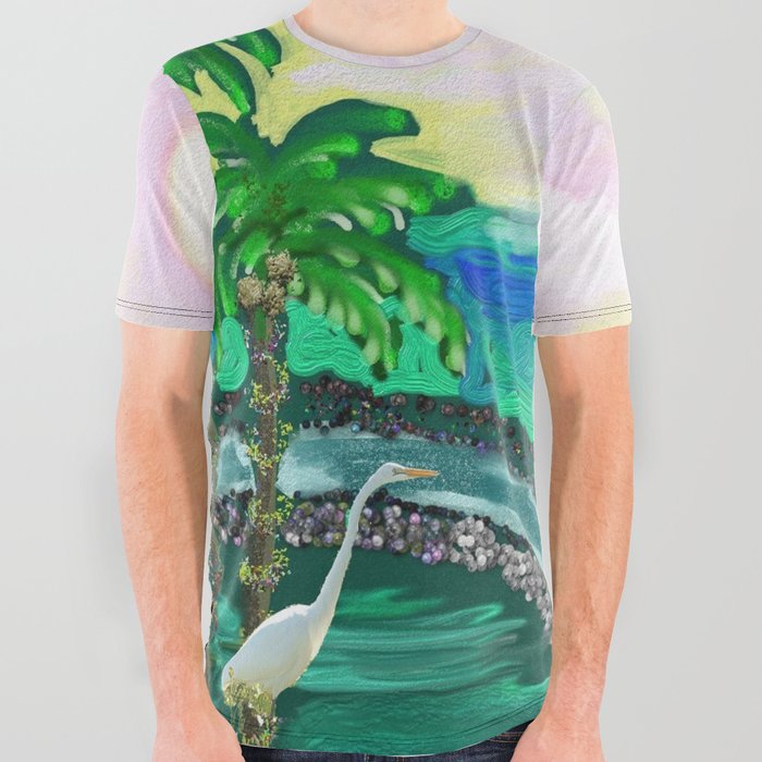 Tropical Ocean View with Egret All Over Graphic Tee