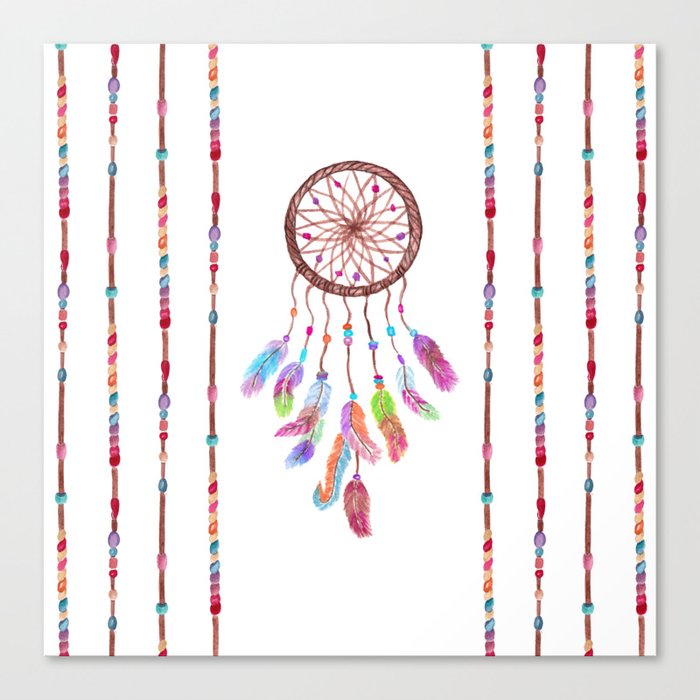 Hand Painted Watercolor Dreamcatcher Beads Feather Canvas Print By