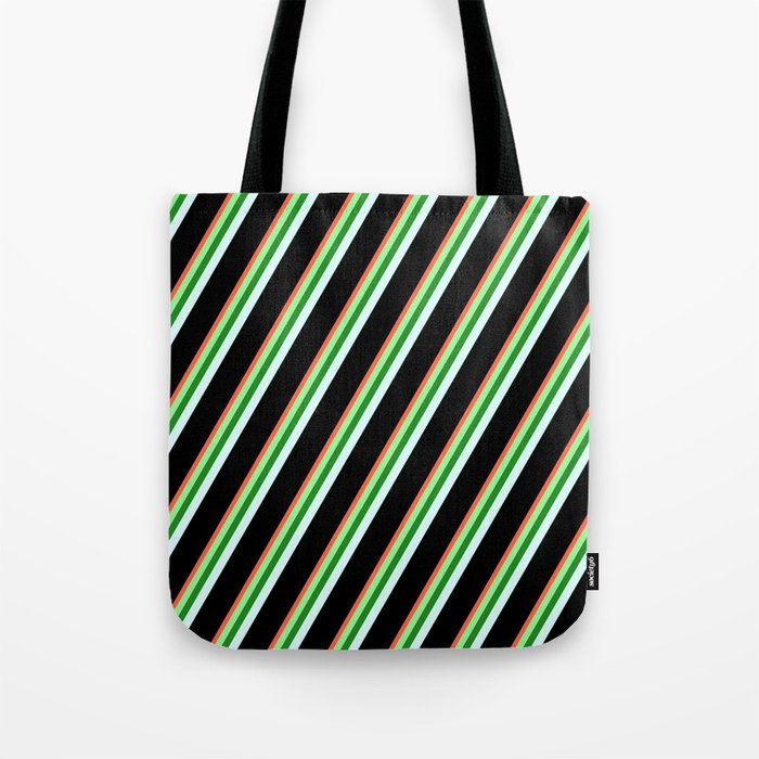 Red, Green, Forest Green, Light Cyan, and Black Colored Stripes/Lines Pattern Tote Bag