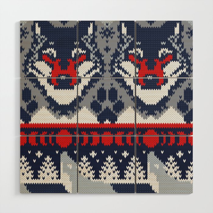 Fair isle knitting grey wolf // navy blue and grey wolves red moons and pine trees Wood Wall Art